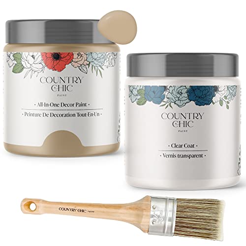 Chalk Style Paint + Clear Coat + Paint Brush Bundle - for Furniture, Home Decor, Crafts (Color: Road Trip [pint - 16 oz] - Tan)