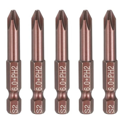 HARFINGTON 5pcs #2 Phillips Screwdriver Bit PH2 1/4" Hex Shank 2" (50mm) Long 0.24" Rod Magnetic Cross Head Drive Drill Bits S2 Steel Industrial Screw Driver Electric Power Tool, Brown - size: PH2 x 2" x 0.24"