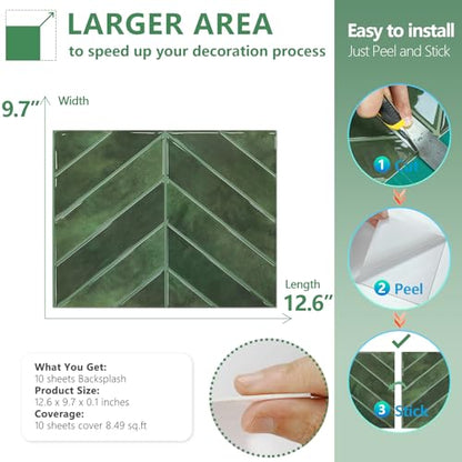 STICKGOO Herringbone Peel and Stick Backsplash, Green, 10 Sheets - color: Green, size: Pack of 10