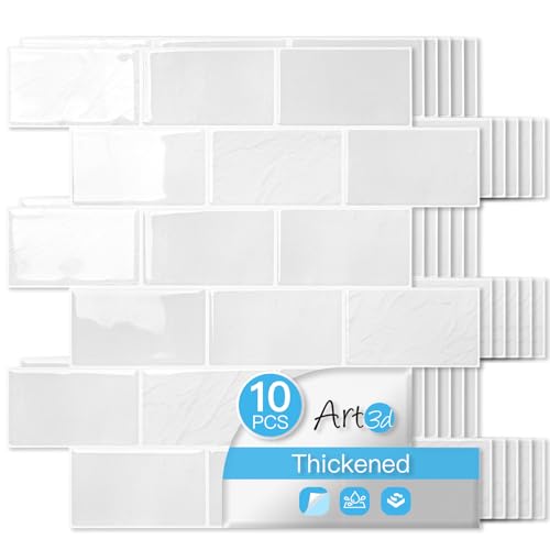 Art3d 10-Pack Subway Peel and Stick Backsplash, White Marble, 12 x 12 Inch - color: White Stone Marble
