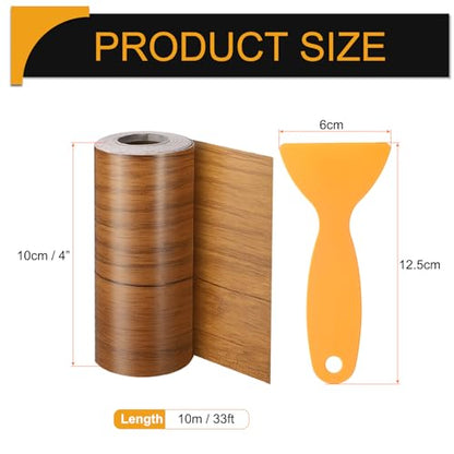 Wood Grain Repair Tape 4 Inch x 33ft Self Adhesive Repair Patch Tape Simulated Wooden Floor Tapes with Plastic Scraper for Tables Doors Windows Furniture, Dark Brown Wood