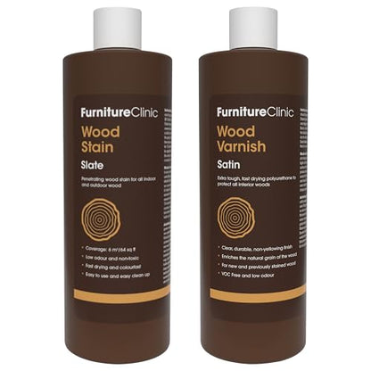 Furniture Clinic 17 oz Slate Wood Stain + 500ml Satin Wood Varnish | Water Based | Fast Drying, Low Odor, & Non-Toxic | for Indoor & Outdoor Furniture and More