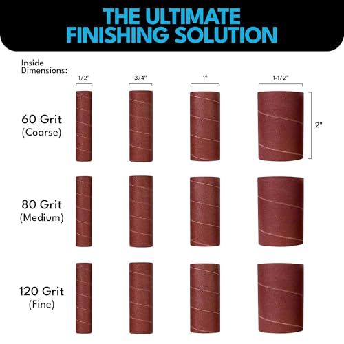 LINE10 Tools 12 Pack Spindle Sanding Sleeves, 2 Inch Long, 60, 80 and 120 Grit - size: 60-80-120 Grit, style: 12pc Sleeves Refill