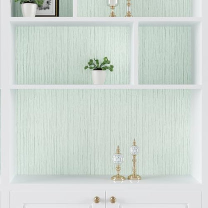 VEELIKE Light Green Grasscloth Wallpaper Textured Grass Cloth Peel and Stick Wallpaper 15.7''x118'' Grasscloth Contact Paper Self Adhesive Removable Green Linen Vinyl for Bedroom Bathroom Wall Cabinet - color: Light Green, size: 15.7" x 118"