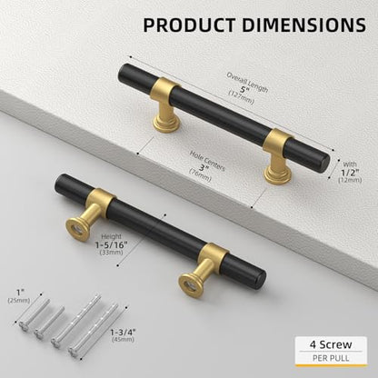 Goldenwarm 10 Pack Black and Gold Cabinet Pulls, 3 Inch T Bar Handles - color: Black&Gold, size: 3 in Hole Center (76mm)