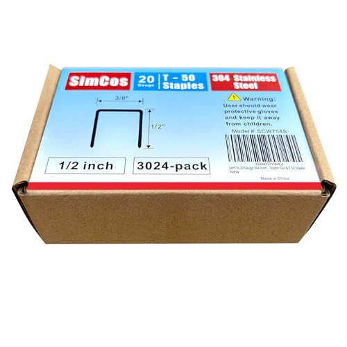 20 Gauge 304 Stainless Steel T/50 Staples, 3/8" Crown, 1/2" Leg - size: 1/2"--3024 pcs