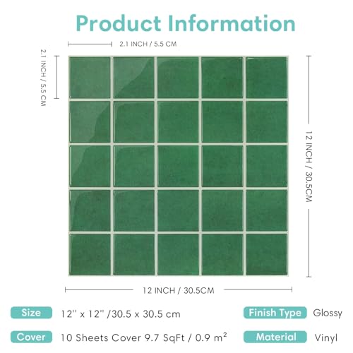Commomy Thicker Green Peel and Stick Tiles - 10 pcs of 12" x 12" - color: Square Green & Thicker Design