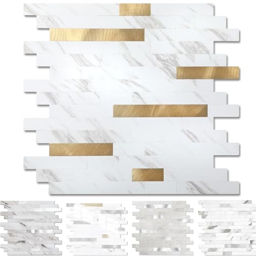 Yipscazo 5 Sheets Peel and Stick Stone Metal Tile Backsplash, Stick on Tiles for Backsplash Kitchen, Bathroom, Laundry Room, Camper, Fireplace (12'' X 12'', White Stone with Gold) - color: White Stone with Gold