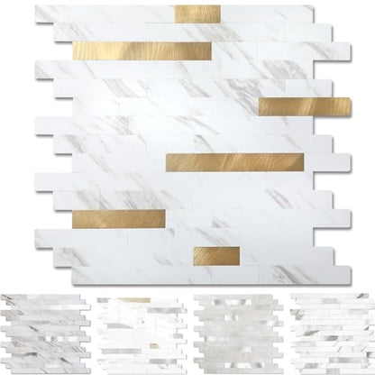 Yipscazo 5 Sheets Peel and Stick Stone Metal Tile Backsplash, Stick on Tiles for Backsplash Kitchen, Bathroom, Laundry Room, Camper, Fireplace (12'' X 12'', White Stone with Gold) - color: White Stone with Gold