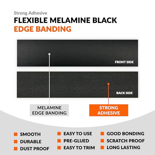 Black Edge Banding 1/2 inch x 25 ft Melamine Iron On Adhesive Edging Cabinet Repair Laminate Shelf Board Countertop Furniture Strip Wood Veneer Tape Trim Peel Stick Cabinet Molding Vinyl PVC Iron - color: Black, size: 1/2 in x 25 ft