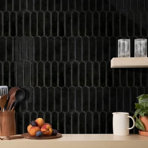 Commomy Thicker 3D Peel and Stick Backsplash,10 Pcs 12" x 12" Black - color: Fish Scale Glossy Black & Thicker Design