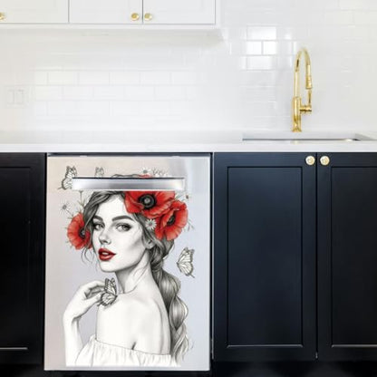 Peacoblue Woman Face Flowers Rub On Transfers for Furniture 6"x12" - style: Black Sketch Woman Face Red Flowers
