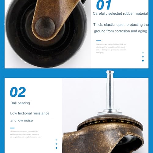 Antique Brass Casters Wheels 5/16" x 1-1/2" (8 x 38mm) Rubber Stem Casters Vintage Furniture Roller Casters (2.0 Inch Antique Caster with Brake) - style: 2.0 Inch Antique Caster with Brake