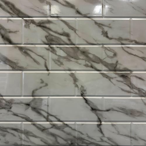 From Plain To Beautiful In Hours 129 Subway PVC 2' x 8' Glue-up Backsplash Panels (Covers / 32 sq.ft), Marble, 2 Piece - color: Marble, size: Pack of 2