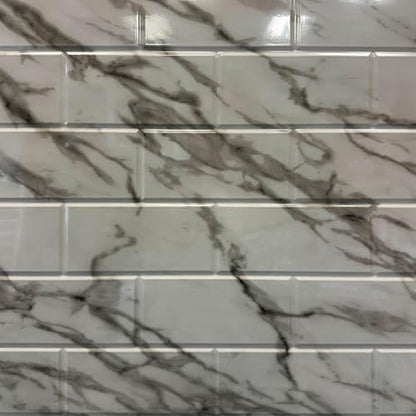 From Plain To Beautiful In Hours 129 Subway PVC 2' x 8' Glue-up Backsplash Panels (Covers / 32 sq.ft), Marble, 2 Piece - color: Marble, size: Pack of 2