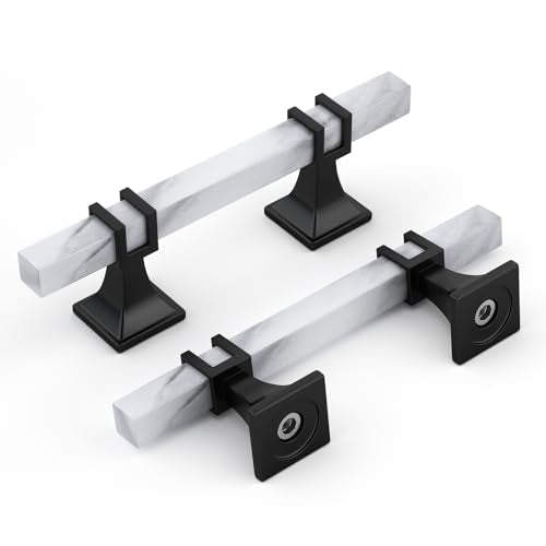 Rergy 10 Pack Cabinet Handles, White Marble & Matte Black Pulls, 3" - color: White Marble & Black, size: 3 inch (76mm) Hole Center