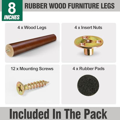 FoDau770 Rubber Wood Legs 8", Straight Taper, 5/16"-18 Thread, Brown, 4pcs - color: Brown, size: 8 Inch - Straight (90°)