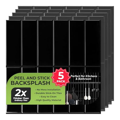Select 5 Pack Peel and Stick Backsplash Square Tiles, 12x12 in, Black - color: Black, size: Rectangle Shape