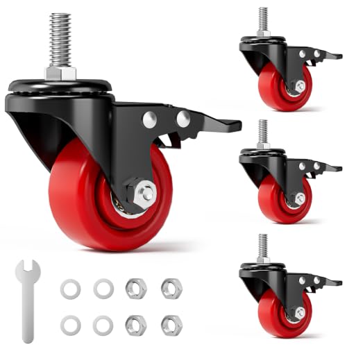 Caster Wheels, Threaded Stem Casters Set of 4 Heavy Duty,1/2"-16 x 1(Stem Diameter 1/2", Length 1"), Dual Locking Caster, Industrial Castor Wheels for Furniture,Carts - color: Black-Red
