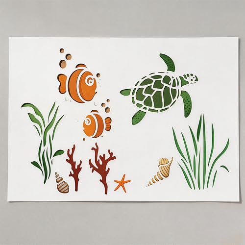 TIAMECH A4 Reusable Aquarium Turtle Fish Stencil for Painting - style: Turtle Fish