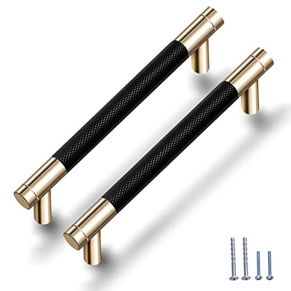 12 Pack 5 Inch 128 mm Knurled Cabinet Handles Cabinet Pulls Aluminum Handles Knurled Drawer Pulls Gold and Black Oxidation Finish with Diamond Pattern 6.2" Length (5" Hole Center) - color: Gold Black, size: 5 Inch