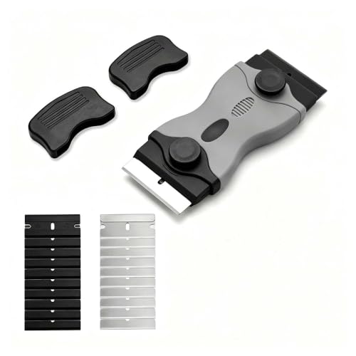 2-in-1 Scraper Tool cleaning with 20 Blades (10 Metal, 10 plastic), Multi-Purpose plastic scraper for Glass Stove Top, Paint & Sticker Removal, Floor and Window - Black
