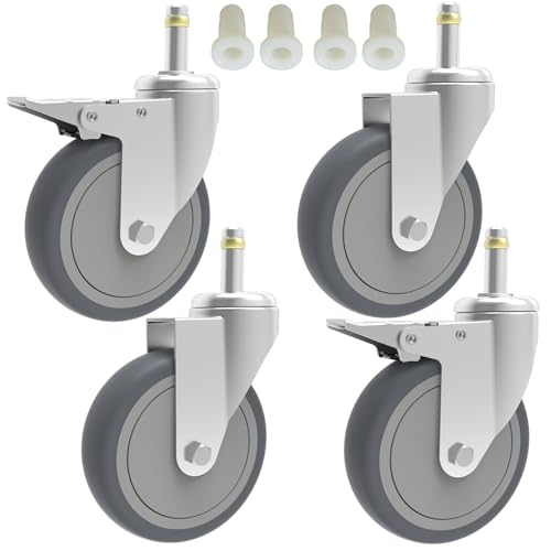 RILIDRI 5-Inch Swivel Stem Caster, 7/16-Inch Stem Diameter Rubber Wheel, Heavy Duty TPR Thermoplastic Rubber Replacement Wheels, 225-lb per Wheel- 4 Pack(2 Brakes 2 Swivel) - size: 5 Inch-225LB(2 Dual Brakes)