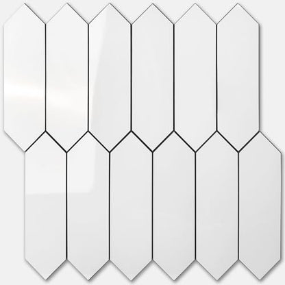 Vamos Tile Glossy White Backsplash Tile Peel and Stick, 12.8 x 12.8 Inch 10 Sheets Long Hexagon PVC Self Adhesive Mosaic Wall Tiles Stick on Backsplash for Kitchen and Bathroom - color: Glossy White with Dark Gray Grout