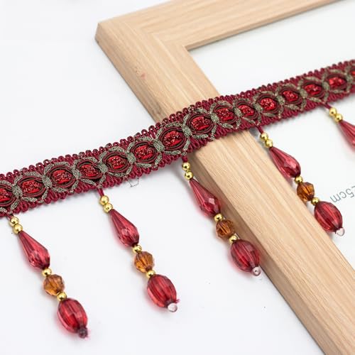 4 Yards Beaded Fringe Trim, Hanging Crystal Beads Tassel Fringe Trim Curtain Weights Cloth Sofa Fringes for Curtain Cushions Lampshades Clothes (Wine Red) - color: Wine Red
