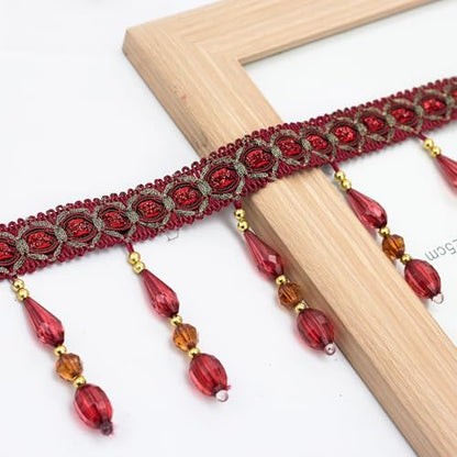 4 Yards Beaded Fringe Trim, Hanging Crystal Beads Tassel Fringe Trim Curtain Weights Cloth Sofa Fringes for Curtain Cushions Lampshades Clothes (Wine Red) - color: Wine Red