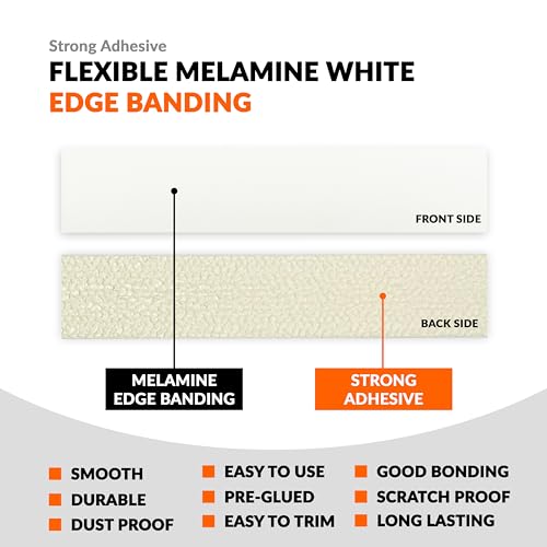 White Edge Banding 1 inch x 50 ft Melamine Iron On Adhesive Edging Cabinet Repair Laminate Shelf Board Countertop Furniture Strip Wood Veneer Tape Trim Peel Stick Cabinet Molding Vinyl PVC Iron - color: White, size: 1 in x 50 ft