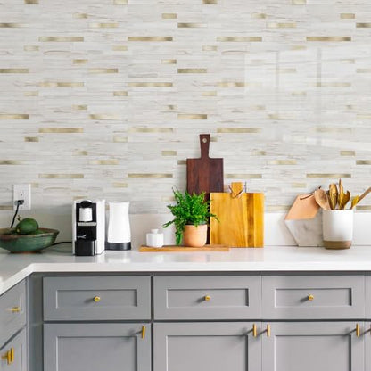 STICKGOO 20 Sheets Peel and Stick Backsplash Tile, Stick on Backsplash for Kitchen and Bathroom, Glossy Eurasian Wood Grain PVC Mixed Metal Gold Self Adhesive Wall Tiles - color: Glossy Eurasian Wood Grain + Metal Gold