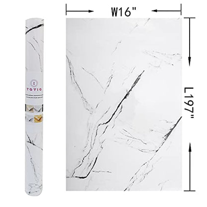 TOTIO White Marble Peel Stick Self-Adhesive Wallpaper, 16" x 197", 21.5 sq ft, Waterproof, Stain-Resistant, Multi-Purpose - color: White, size: 16" x 197"