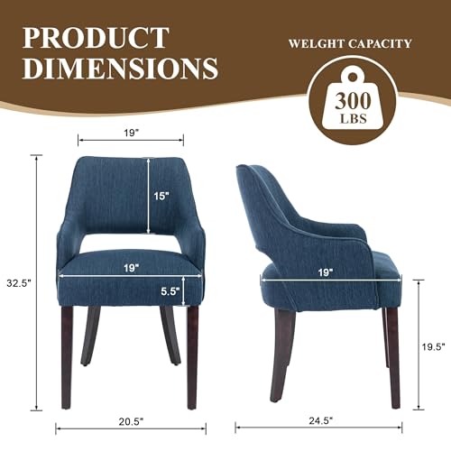 chairus Upholstered Farmhouse Dining Chairs Set of 4, Blue Linen Fabric Dining Room Chairs with Arms, Solid Wood Curved Back Kitchen Accent Side Chairs for Dining Room/Living Room, Blue - color: Blue