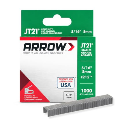Arrow 215 JT21 Thin Wire Staples for Staple Guns and Staplers, Use for Upholstery, Crafts, General Repairs, 5/16-Inch Leg Length, 7/16-Inch Crown Width, 1000-Pack, Made in the USA - size: 5/16 Inch