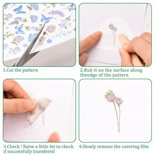 WANDIC 16 Sheets Rub On Transfer Stickers Set, 4 Styles Butterfly Flower Pattern Self Adhesive Stickers Blue Yellow Pink Green Decals for Scrapbook Journal,4 * 6in - style: Butterfly+Flower Theme