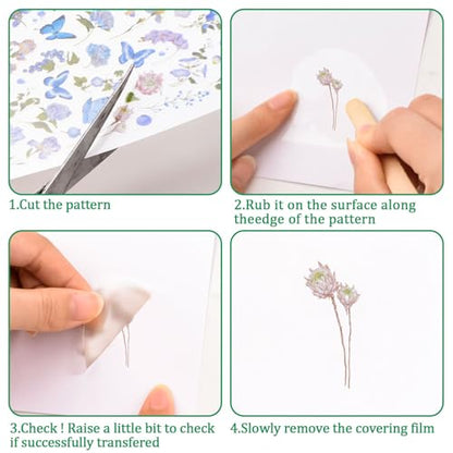 WANDIC 16 Sheets Rub On Transfer Stickers Set, 4 Styles Butterfly Flower Pattern Self Adhesive Stickers Blue Yellow Pink Green Decals for Scrapbook Journal,4 * 6in - style: Butterfly+Flower Theme