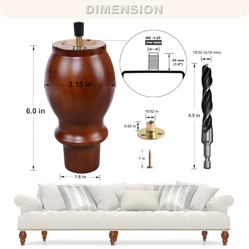 DWYL & LWYD Wood Furniture Legs 6 Inches Set of 4,Heavy Duty Rubber Wood Replacement Couch Legs Sofa Legs Cabinet Legs Dresser Legs Wooden Legs for Furniture (Walnut Finish,6 Inches Height) - color: Walnut, size: 6 Inch