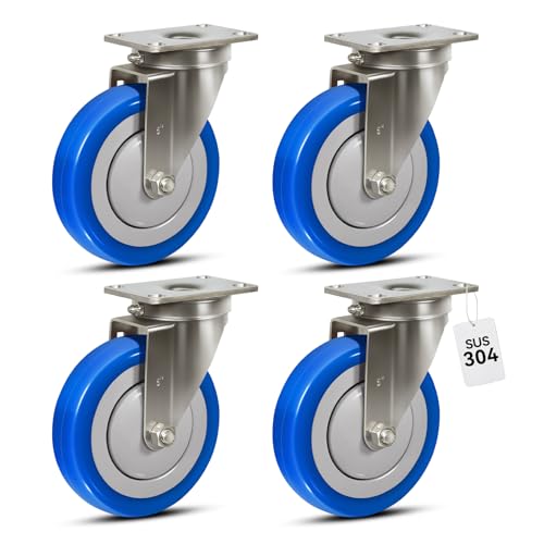 5" Stainless Steel Casters, Swivel Industrial Casters Set of 4 Heavy Duty, Anti-Corrosion Rust-Proof Plate Polyurethane Caster Wheels for Cart (4 Swivel) - style: 4 Swivel