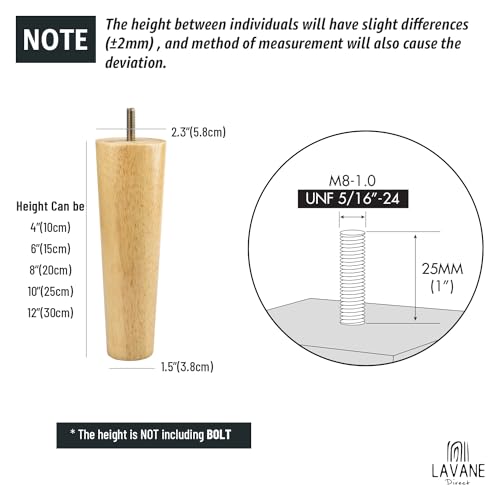 La Vane 4 inch / 10cm Solid Wood Furniture Legs - Tapered Replacement Feet with 5/16 inch Thread & Mounting Plates - Set of 8 for Sofa, Couch, Cabinet, Ottoman - color: Tapered, size: 8PCS - 4" / 10cm