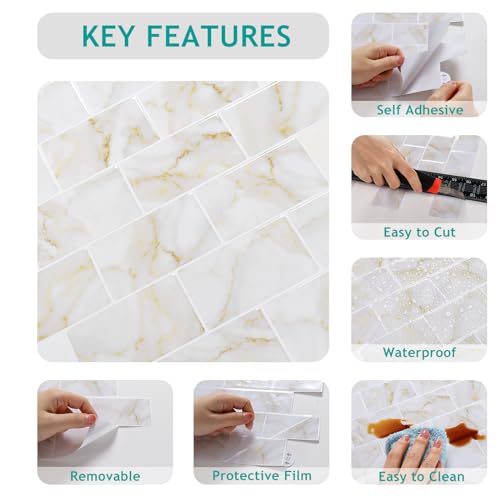 VEELIKE Gold Marble Subway Tile Peel and Stick Backsplash for Kitchen Back Splash Tile Stickers 6-Sheets Adhesive Stick on Backsplash Peel and Stick for Bathroom Renter Friendly Wall Tiles 12''x12'' - size: Box of 6 Tiles
