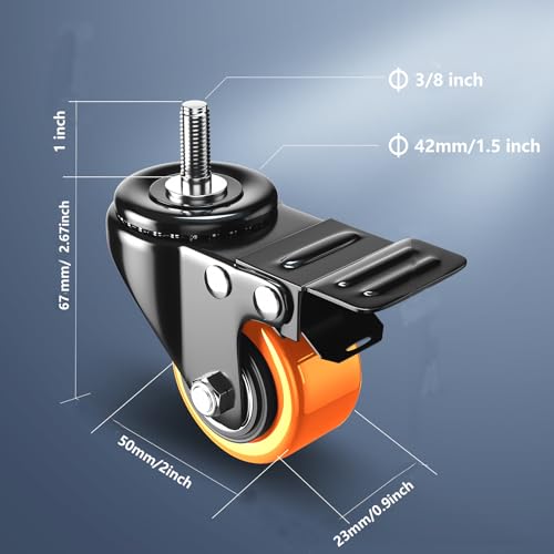 2 inch Caster Wheels Heavy Duty 3/8" Threaded Stem Casters Set of 4 - color: Orange, size: 2in(3/8"-16)