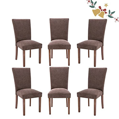 Parsons Dining Chairs Set of 6, Upholstered Nailhead Dining Room Kitchen Side Chair with Thick Cushions and Wood Legs, Brown - color: Brown, size: set of 6