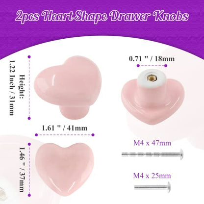 2pcs Ceramic Heart Pink Drawer Knobs, Cute Cabinet Pulls for Kids - color: Pale Pink + Heart Shape, size: 2 Pack