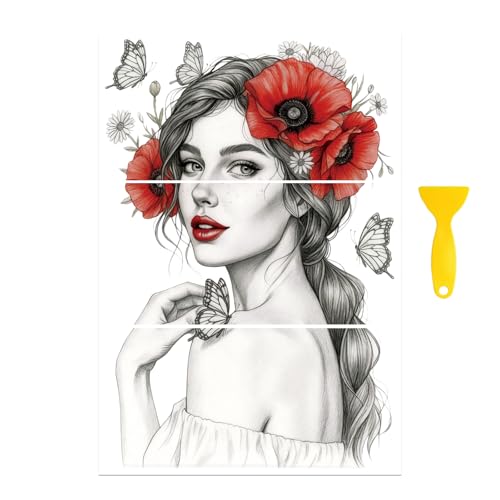 Peacoblue Woman Face Flowers Rub On Transfers for Furniture 6"x12" - style: Black Sketch Woman Face Red Flowers
