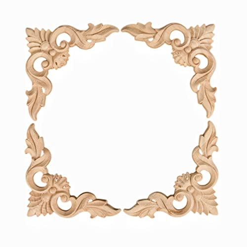 4Pcs Wood Carved Appliques Onlays Unpainted Little Wooden Corners Decals - size: 10 x 10 cm