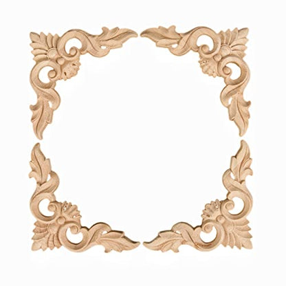 4Pcs Wood Carved Appliques Onlays Unpainted Little Wooden Corners Decals - size: 10 x 10 cm