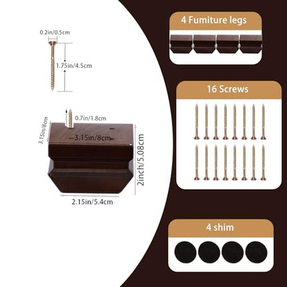 Square Wood Furniture Legs Set of 4 - Wooden Replacement Heavy Duty Feet for Sofa, Table, Couch, Bed, Bench, Dresser, Chairs, Sideboard, Recliner (Brown 2" H*3.15" W No Hanger Bolt) - color: Brown, size: 2"H*3.15"W (No Hanger Bolt)