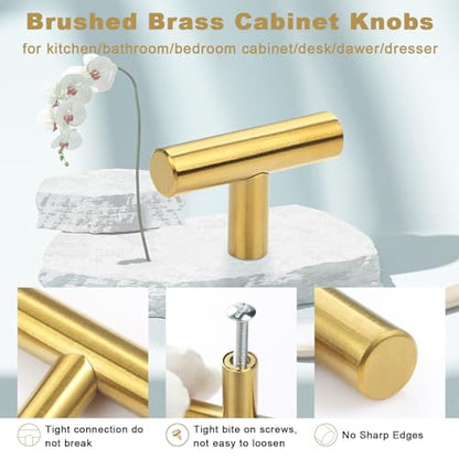 Estmoon 30 Pack Brushed Brass Cabinet Knobs Gold Drawer Pulls Stainless Steel Brushed Gold Dresser Knobs for Cabinets Cupboard Bathroom Kitchen Hardware, Single Hole T Bar Pulls, 2in Overall Length - color: Brushed Brass