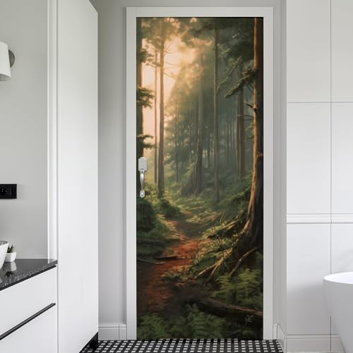 REDAMANCY Smoky Green Pine Tree Pathway Landscape Peel and Stick Door Stickers Vinyl 3D Door Mural Decals Decor Wallpaper Self-Adhesive, Waterproof, Removable - color: Mta-29